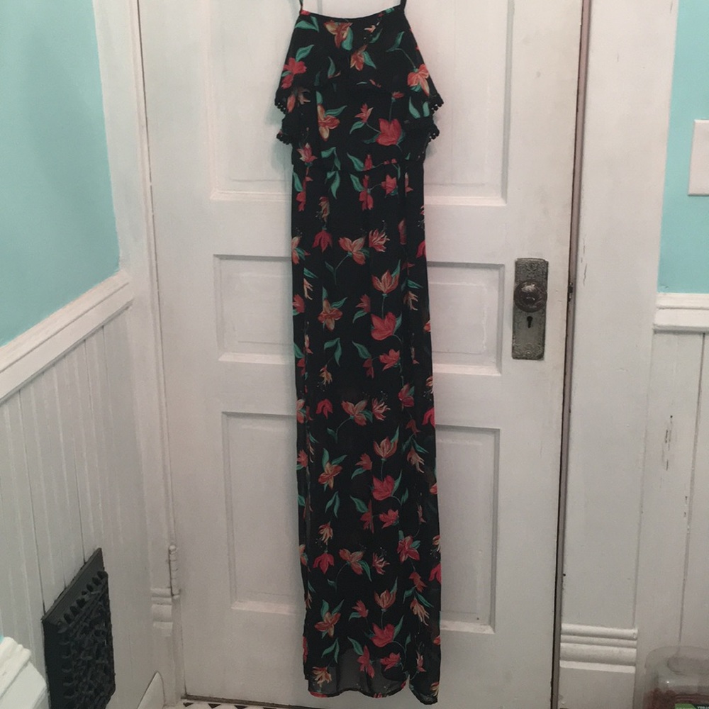 Long, flowery, exposed leg dress